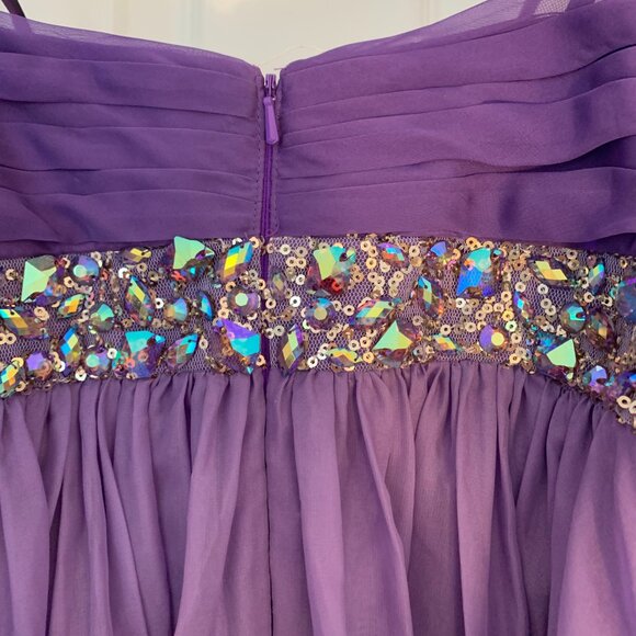 La Femme strapless short Chiffon Dress with Ruched Detail and Embellishment - Picture 3 of 8